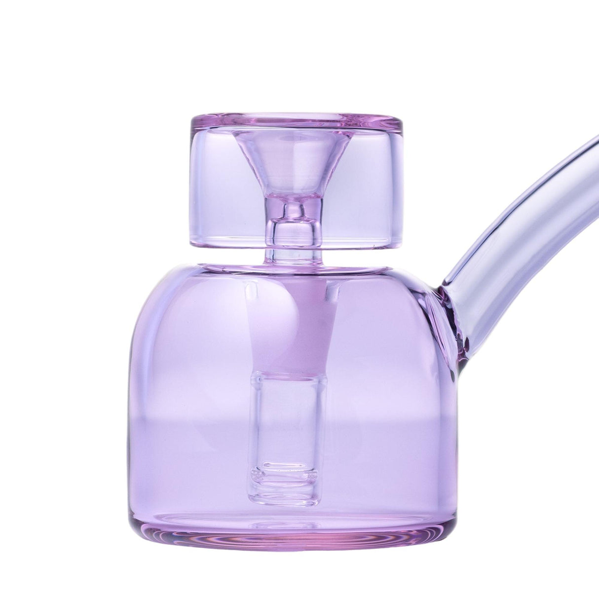 Vesper Bubbler: Compact purple glass water pipe with rounded chamber, short percolator, and slanted mouthpiece. Handcrafted, mid-century inspired design for smooth, elegant use.