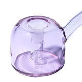 Vesper Bubbler: Purple-tinted, handcrafted borosilicate glass bubbler with rounded base, central down-stem, and side mouthpiece, blending elegance with smooth, water-filtered pulls.