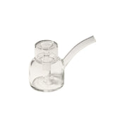 Vesper Bubbler: A small, transparent glass piece with a round chamber, short downstem, top fitting, and curved mouthpiece, showcasing modern elegance and functionality.