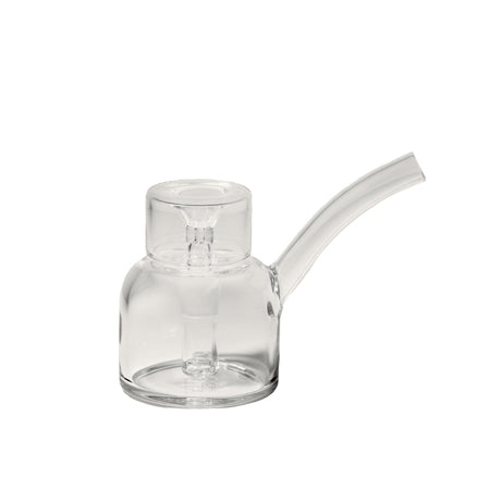 Vesper Bubbler: A clear glass tabletop water pipe with a rounded chamber, downstem, flat bowl, and angled mouthpiece, showcasing modern elegance and functional design.