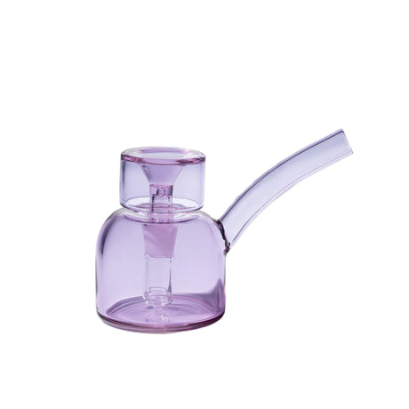 Vesper Bubbler: A compact, purple-tinted glass water pipe with a rounded chamber, internal percolator, and angled mouthpiece, offering elegant, smooth-filtered pulls.