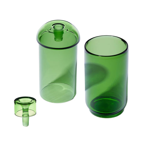 Vesper Gravity Bong: Modular set with tall vessel, domed-lid cylinder, and stopper. Crafted from translucent green glass, showcasing timeless design and effortless gravity-powered functionality.