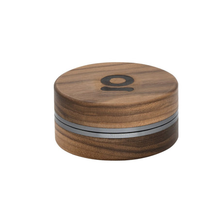 2pcs Metal 3 Magnetic Grinder, round wooden container with silver band, featuring a secure magnetic lid and deep chambers for efficient herb grinding and storage.