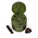4pcs Aluminum 2.6 EZ Grinder with triangular teeth, deep chambers, magnetic lid, and included guitar pick scoop and brush for easy grinding and storage.