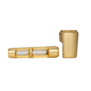 Aluminum and Glass Spoon Pipe - Gold: Close-up of a sleek, gold cylindrical pipe with a glass airway, highlighting its durable, minimalist design and integrated screen.