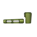 Aluminum and Glass Spoon Pipe with a green anodized aluminum dugout design, featuring two glass one-hitter tubes and a screw-on cap for portable use.