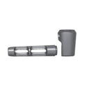 Close-up of the Aluminum and Glass Spoon Pipe - Gun Metal, showcasing its sleek cylinder design with a durable aluminum shell and integrated holes for airflow.