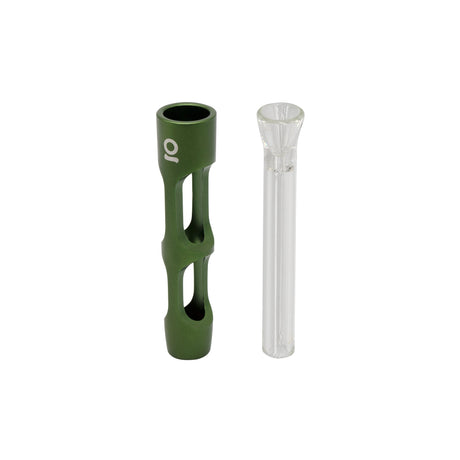 Aluminum & Glass Chillum One Hitter showcasing a green anodized exterior with visible glass insert, designed for portability and discreet smoking sessions.
