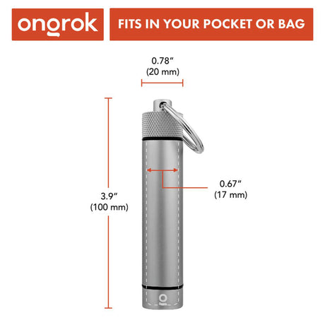 Aluminum Smell-Proof Storage Keychain; sleek silver cylinder with keychain, designed for discreet, secure storage of consumables, featuring a removable bottom cap for easy maintenance.