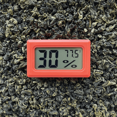 Digital Hygrometer - 6 pack on green leaves, displaying temperature and humidity; compact design with clear LCD for accurate monitoring in various storage solutions.