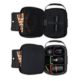 Open Large Smell Proof Case with Combo Lock showing mesh pocket, slim tool, and organized cylindrical lenses in a padded travel case.