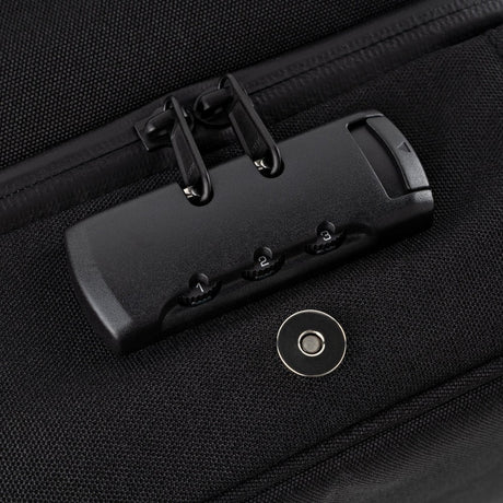 Large Smell Proof Case with Combo Lock features a built-in three-digit lock securing zipper sliders, with a magnetic closure visible on its black fabric surface.