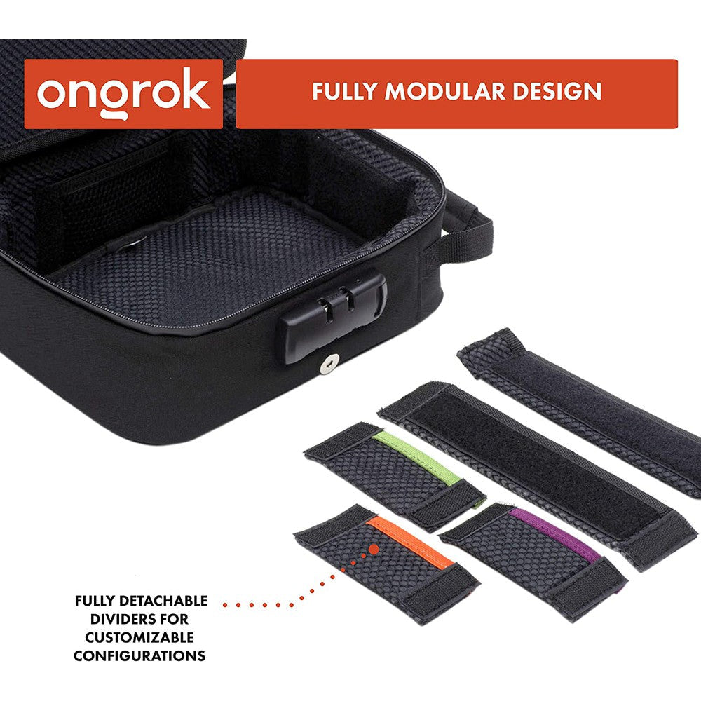 Large Smell Proof Case with Combo Lock by ONGROK, featuring a modular design with detachable dividers and padded mesh interior for customizable storage solutions.