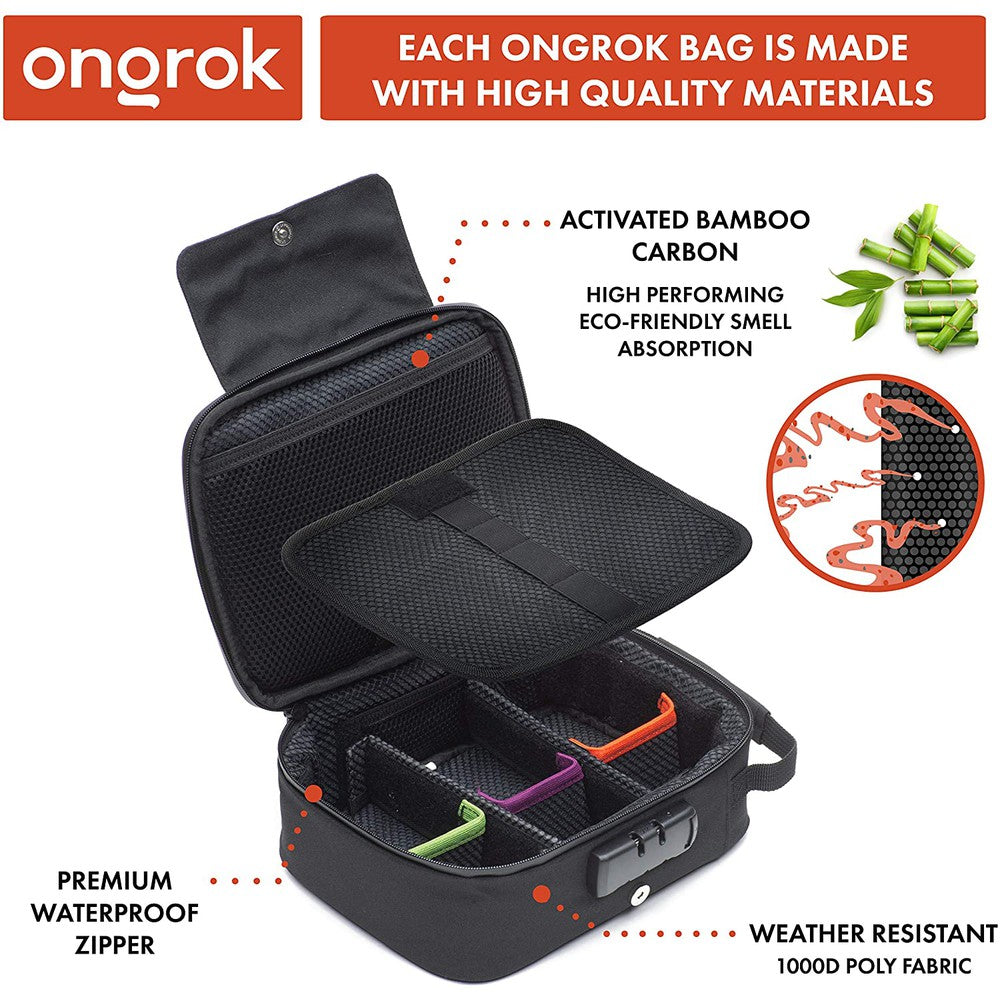 Large Smell Proof Case with Combo Lock featuring eco-friendly bamboo carbon lining, waterproof zipper, and durable polyester, showcasing removable compartments and divider tabs for organized storage.