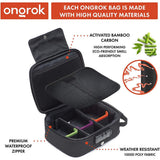 Large Smell Proof Case with Combo Lock featuring eco-friendly bamboo carbon lining, waterproof zipper, and durable polyester, showcasing removable compartments and divider tabs for organized storage.
