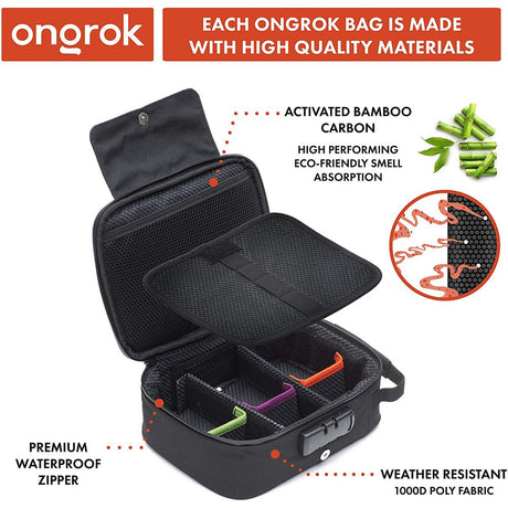 Large Smell Proof Case with Combo Lock featuring eco-friendly bamboo carbon lining, waterproof zipper, and durable polyester, showcasing removable compartments and divider tabs for organized storage.