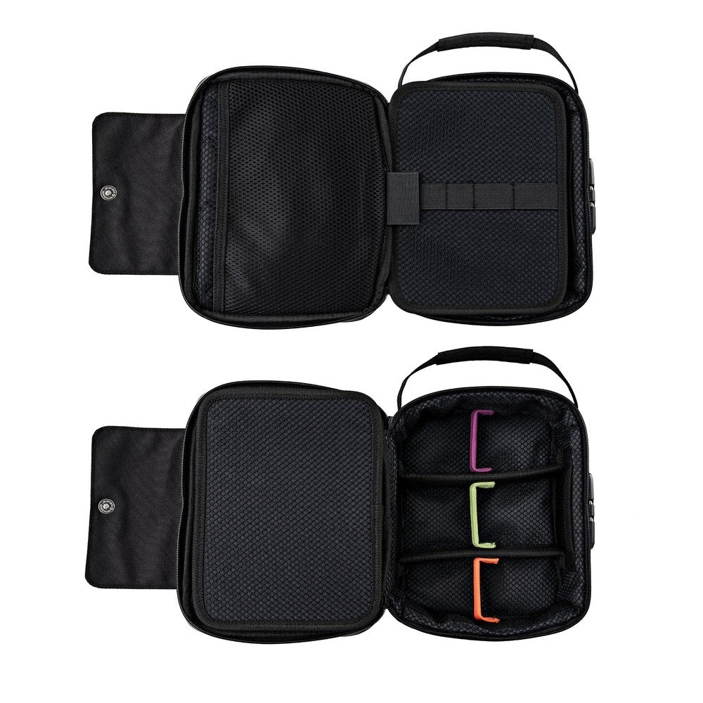 Large Smell Proof Case with Combo Lock, open to show mesh pockets, elastic loops, and adjustable dividers for organized travel storage.