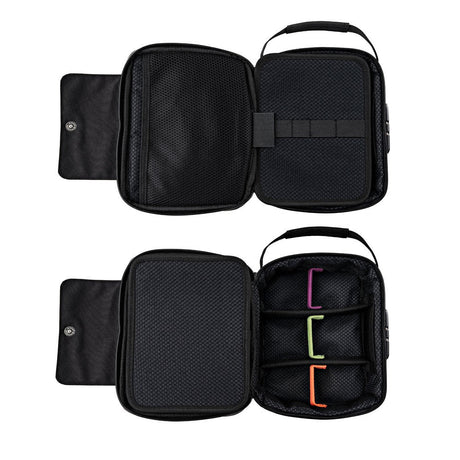 Large Smell Proof Case with Combo Lock, open to show mesh pockets, elastic loops, and adjustable dividers for organized travel storage.