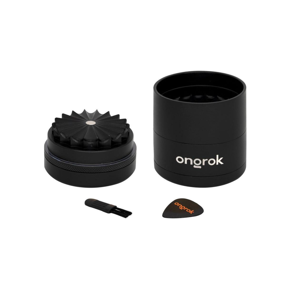 Mini 5 Piece Flower Petal Toothless Grinder with Storage, featuring a cylindrical design with logo, integrated storage, and ergonomic handle for consistent grinding.