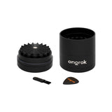 Mini 5 Piece Flower Petal Toothless Grinder with Storage, featuring a cylindrical design with logo, integrated storage, and ergonomic handle for consistent grinding.