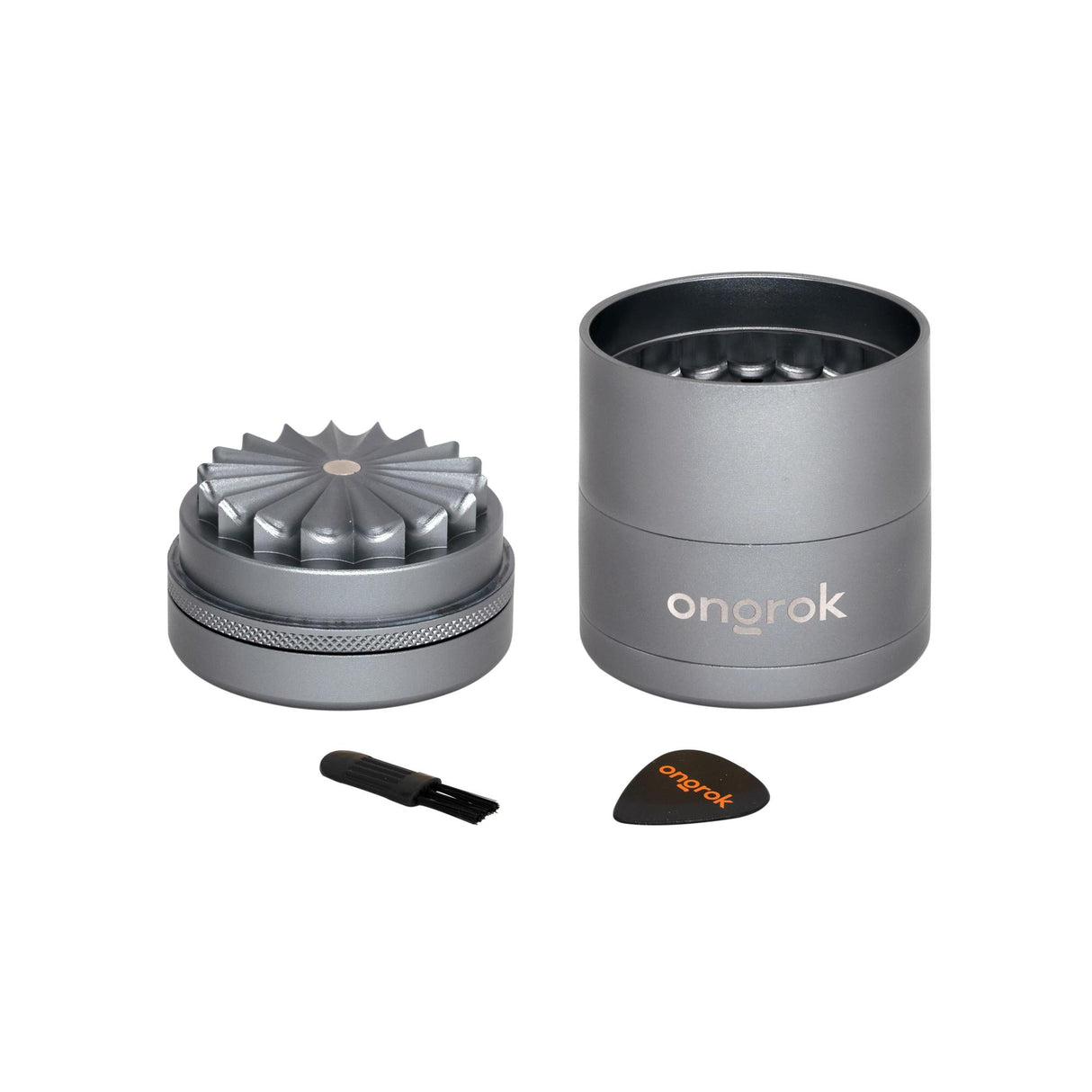 Mini 5 Piece Flower Petal Toothless Grinder with Storage - Black, featuring a cylindrical aluminum body, built-in storage, and a visible logo design.