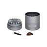 Mini 5 Piece Flower Petal Toothless Grinder with Storage - Black, featuring a cylindrical aluminum body, built-in storage, and a visible logo design.