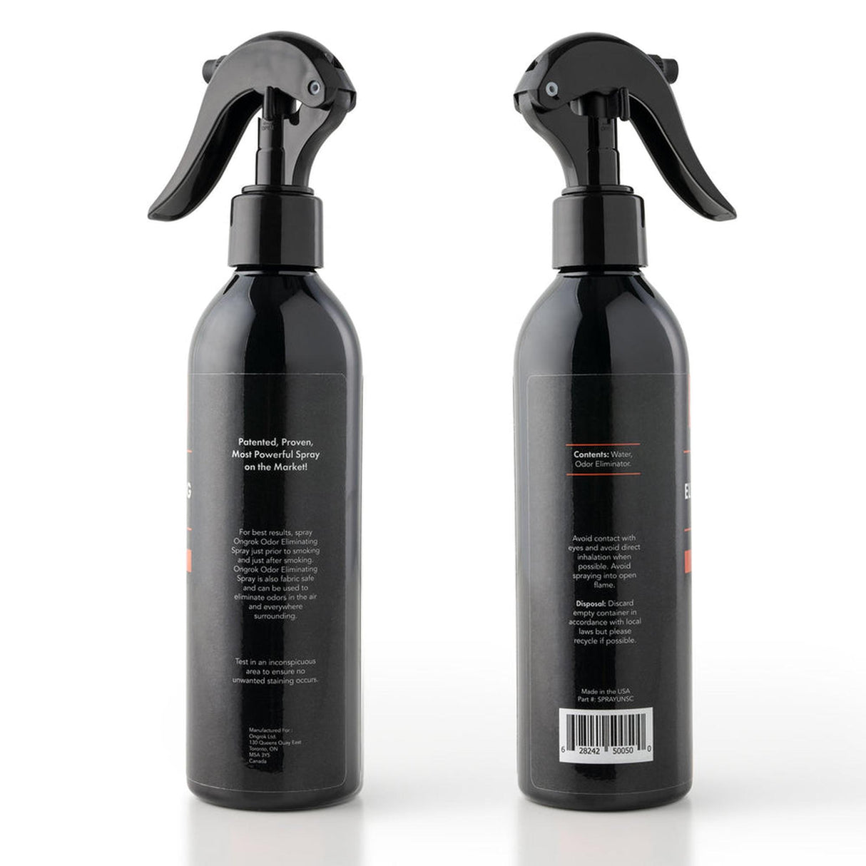 Odor Eliminating Spray - Unscented - 8oz; a sleek black spray bottle designed to neutralize odors with eco-friendly, water-soluble technology, suitable for all surfaces.