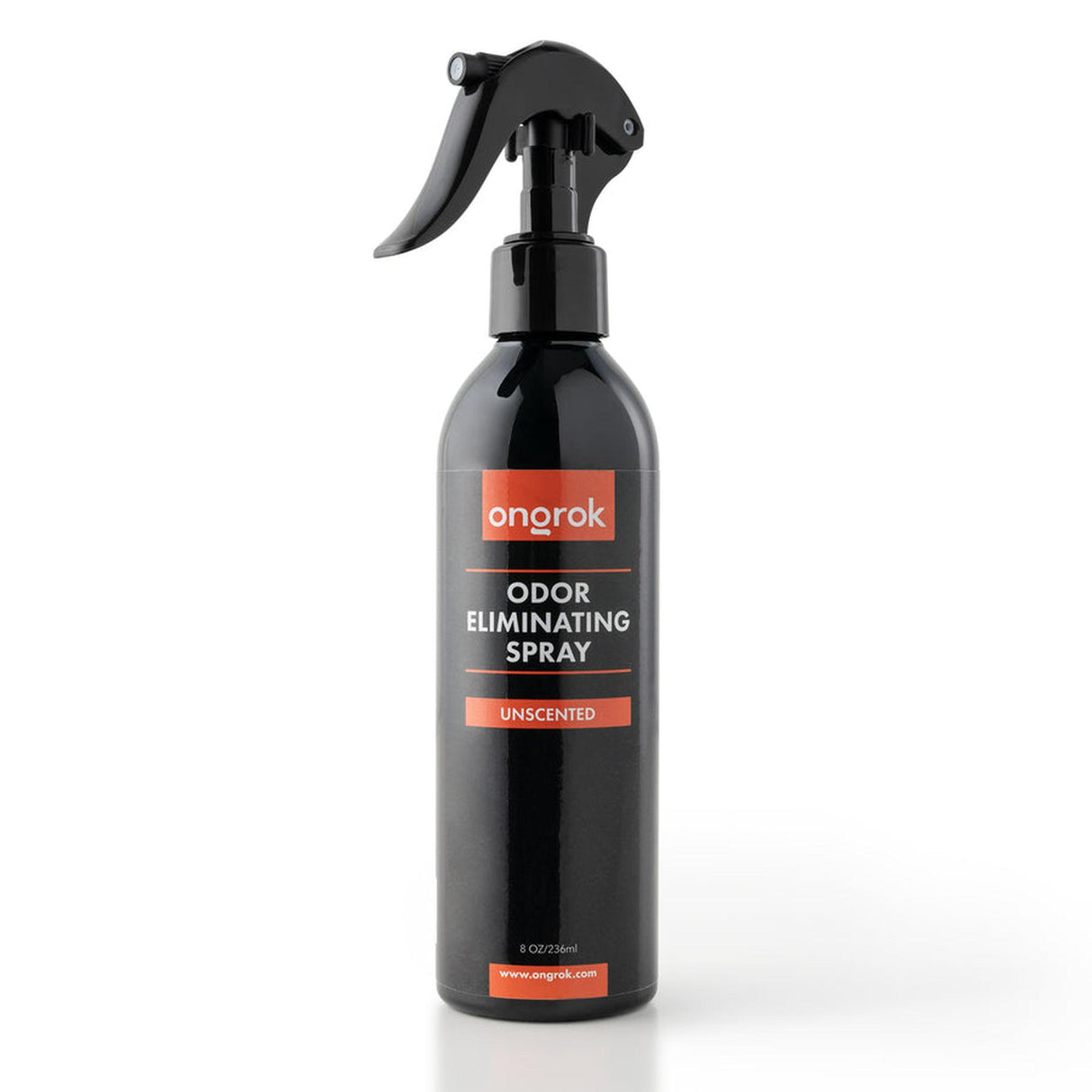 Odor Eliminating Spray - Unscented - 8oz in a sleek black bottle with a black spray handle, designed to neutralize odors on various surfaces.