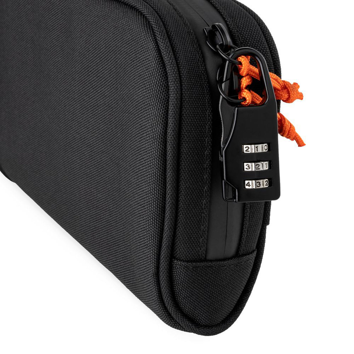 Close-up of the Smell Proof Water-Resistant Wallet featuring a waterproof zipper and compartments, designed for odor absorption and secure storage with a combo lock.