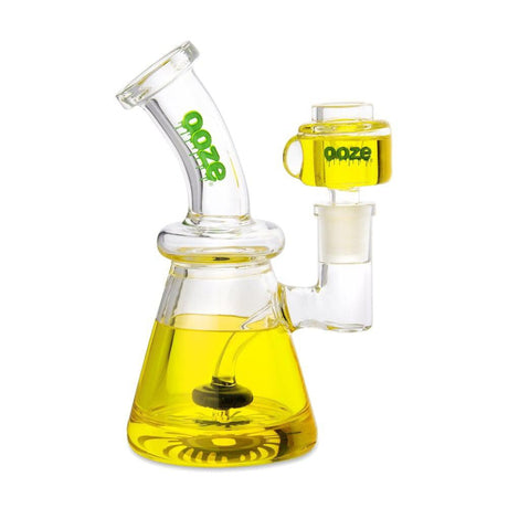 6.5 Glyco Freeze Bong made of borosilicate glass, shown with yellow glycerin liquid inside, featuring a glass percolator and matching glycerin-filled bowl.