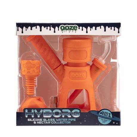 6.5 Hyborg Silicone Bong, Dab Rig & Dab Straw in packaging with visible orange plastic components, designed for multifunctional use, highlighting its versatile attachments and sturdy build.