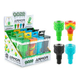 Armor Silicone Bowl Display - Assorted Colors (Carton of 12) showing colorful silicone bowls with honeycomb patterns, designed to fit bongs and compatible with 510 vape cartridges.