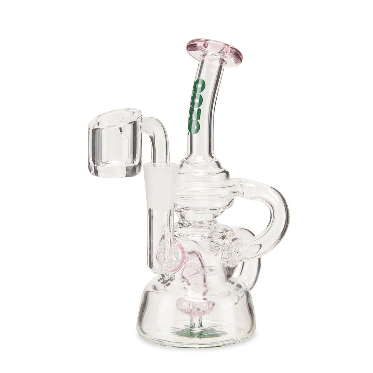 Flood Mini Recycler Dab Rig with a glass body and pink handle, featuring a compact recycler system for enhanced flavor and smooth hits.