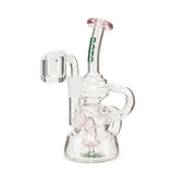 Flood Mini Recycler Dab Rig with a glass body and pink handle, featuring a compact recycler system for enhanced flavor and smooth hits.