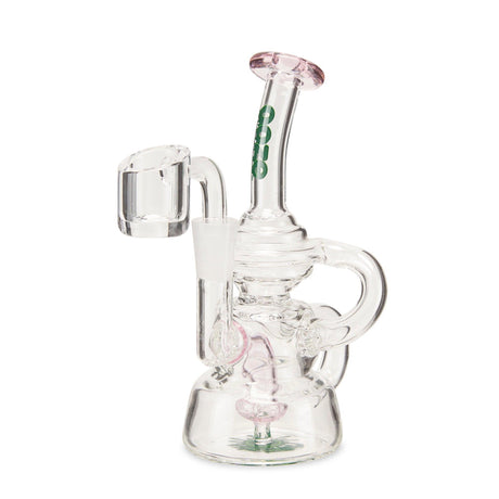 Flood Mini Recycler Dab Rig with a glass body and pink handle, featuring a compact recycler system for enhanced flavor and smooth hits.