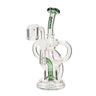 Flood Mini Recycler Dab Rig with green tube and handle, featuring a compact design for enhanced flavor and smooth hits through its intricate recycler system.