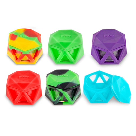 Ooze Geode Silicone & Glass Container Display showcasing durable gemstone-like storage jars, perfect for preserving concentrates, with glass interiors and silicone exteriors in various colors.