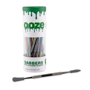 Ooze Dab Tool & Silicone Sleeve - Assorted (Carton of 30) featuring double-ended metal tools with silicone tips for concentrate handling, shown in a container.