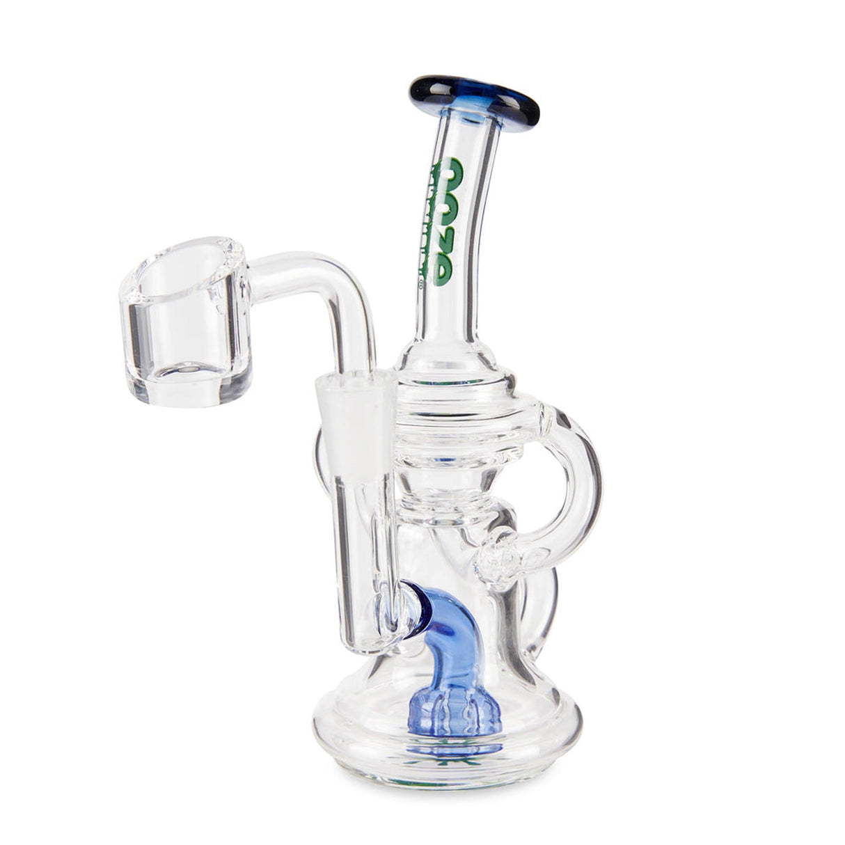 Surge Mini Recycler Dab Rig features a clear glass design with a blue and green handle, emphasizing its ergonomic loop and intricate recycler system for smoother hits.