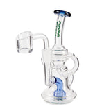 Surge Mini Recycler Dab Rig features a clear glass design with a blue and green handle, emphasizing its ergonomic loop and intricate recycler system for smoother hits.