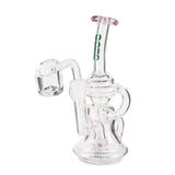 Surge Mini Recycler Dab Rig showcasing a glass body with ergonomic pink and green handle, designed for smooth hits and enhanced terpene flavor through its recycler system.