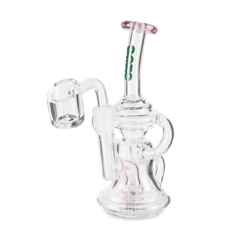 Surge Mini Recycler Dab Rig showcasing a glass body with ergonomic pink and green handle, designed for smooth hits and enhanced terpene flavor through its recycler system.