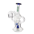 Ooze Surge Mini Recycler Dab Rig features a clear glass structure with a blue and white handle, designed for enhanced terpene flavors and smooth hits.