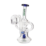 Ooze Surge Mini Recycler Dab Rig features a clear glass structure with a blue and white handle, designed for enhanced terpene flavors and smooth hits.