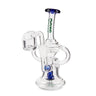 Ooze Surge Mini Recycler Dab Rig features a clear glass structure with a blue and white handle, designed for enhanced terpene flavors and smooth hits.