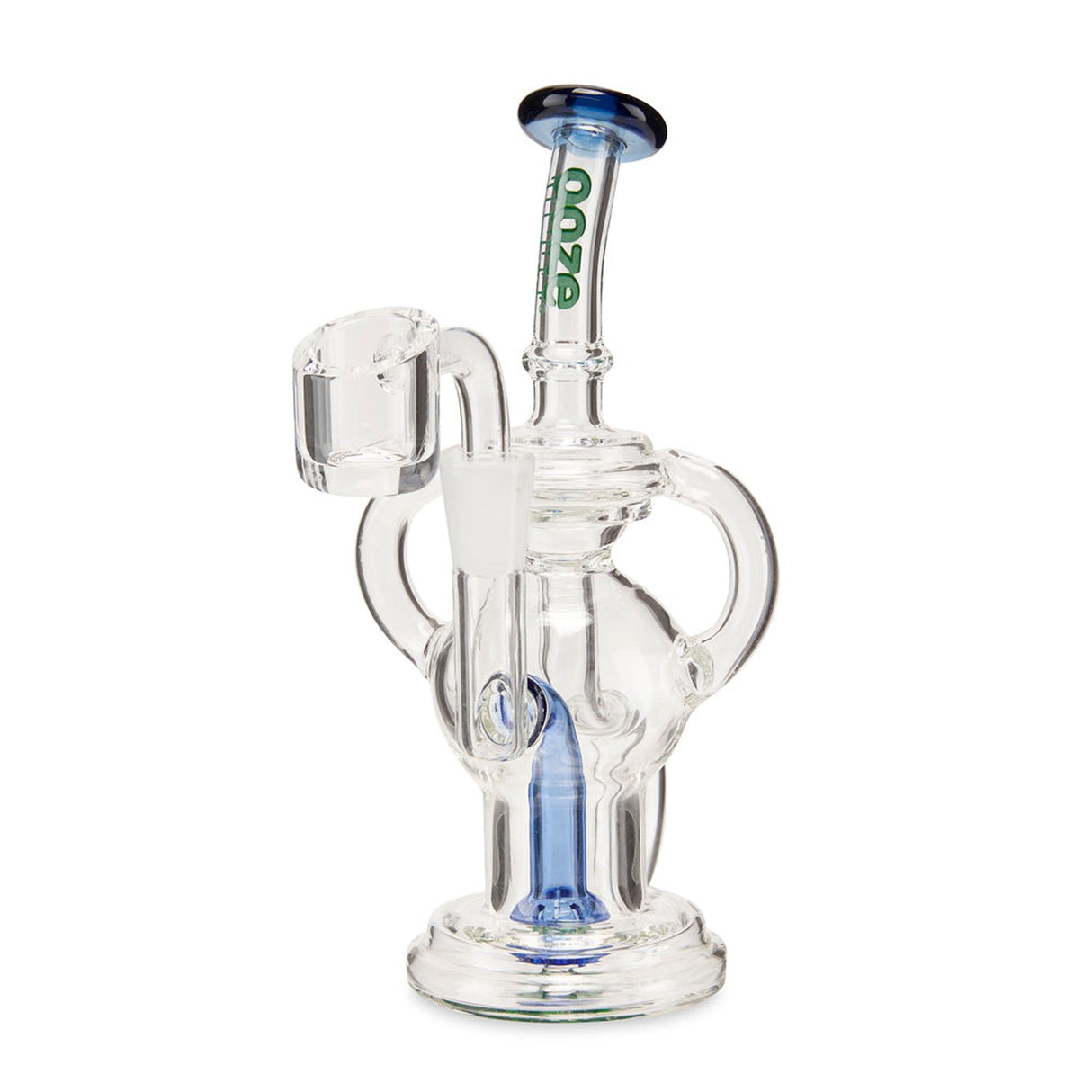 Swell Mini Recycler Dab Rig, a small glass bong with a blue and white handle, designed for enhancing concentrate flavors with a recycler system.