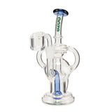Swell Mini Recycler Dab Rig, a small glass bong with a blue and white handle, designed for enhancing concentrate flavors with a recycler system.