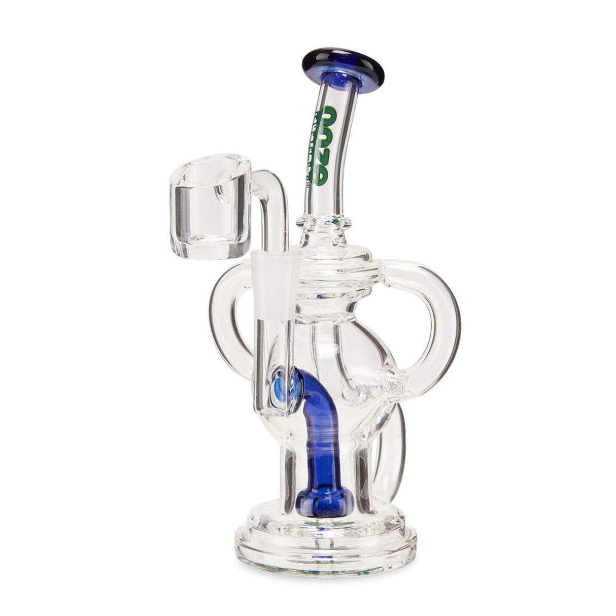 Ooze Swell Mini Recycler Dab Rig in dark blue, features a glass loop handle and intricate recycler system for enhanced flavor and smooth hits.