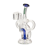 Ooze Swell Mini Recycler Dab Rig in dark blue, features a glass loop handle and intricate recycler system for enhanced flavor and smooth hits.