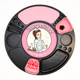 Blazy Susan Spinning Rolling Tray with black compartmentalized design and pink silicone inserts, featuring logo and rotating base for organized smoking tool storage.